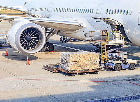 Flugzeug wird auf einem Flughafen mit Luftfrachtpaletten beladen