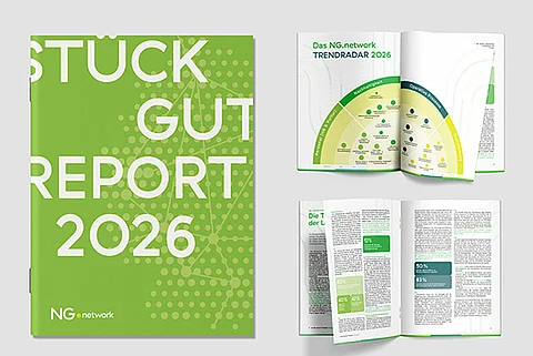 Die Abbildung zeigt den grün gestalteten „Stückgutreport 2026“ von NG.network. Neben dem Titelbild sind zwei aufgeschlagene Doppelseiten mit Texten, Grafiken und Infografiken zu sehen.