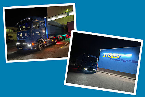 Nacht-Begegnungslinie ab Freiburg per E-Lkw, Bilder von der Ankunft an den Standorten Freiburg und Meßkirch