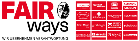 Logo des Förderpreises FAIR ways des SC Freiburg in Rot, Schwarz und Weiß mit 16 Logos der Partnerunternehmen