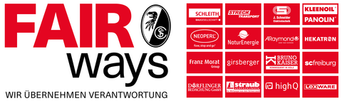 Logo des Förderpreises FAIR ways des SC Freiburg in Rot, Schwarz und Weiß mit 16 Logos der Partnerunternehmen
