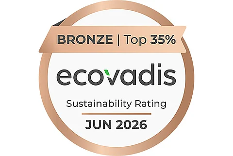 Rundes Abzeichen mit bronzefarbenem Rand und der Aufschrift „BRONZE | Top 35%“. In der Mitte stehen das Logo „ecovadis“, der Text „Sustainability Rating“ sowie das Datum „JUN 2026“.