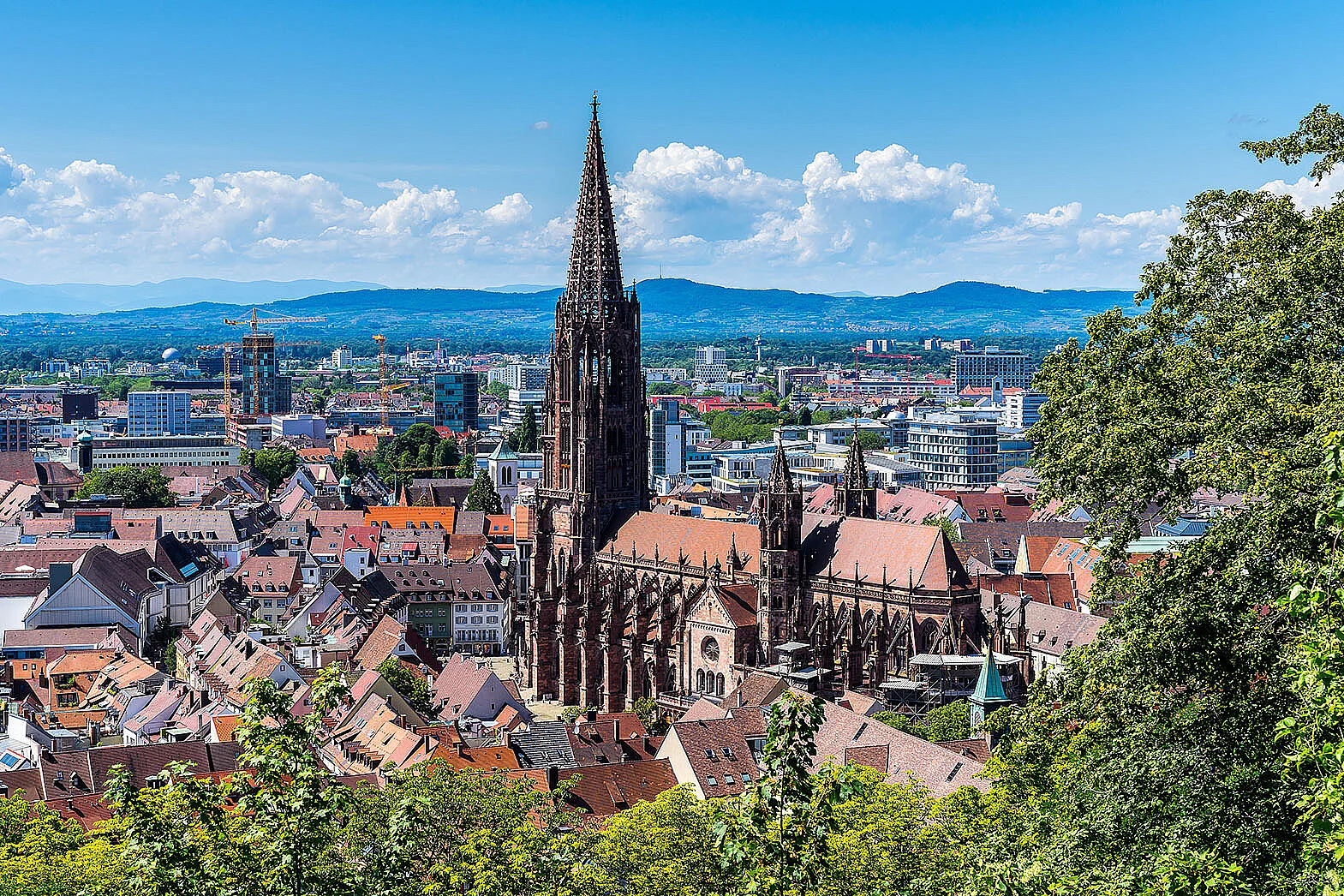 Blick vom Schlossberg auf die Altstadt von Freiburg mit dem Münster, im Hintergrund der Kaiserstuhl