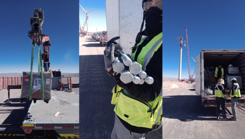 Bilder von der Entladung von Bauteilen für den Windkraftpark Horizonte im chilenischen Antofagasta, deren Transport nach Chile Streck Transport organisiert hat