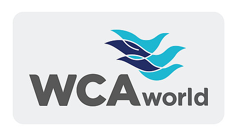 Logo WCA World in Grau, Blau, Türkis