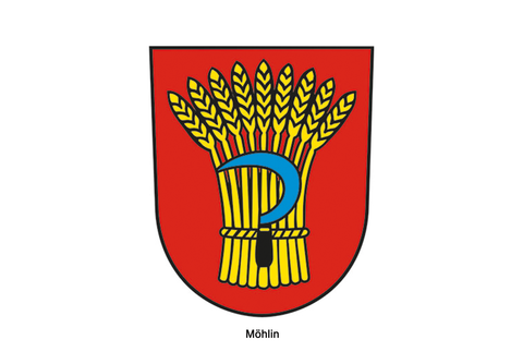 Wappen des Ortes Möhlin in der Schweiz, 9 Getreideähren mit Sichel auf rotem Schild