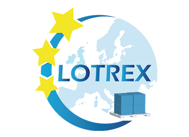 Logo Lotrex in Blau mit drei gelben Sternen, im Hintergrund eine Weltkugel