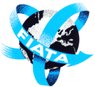 Logo FIATA in Schwarz und Hellblau mit Pfeilen und stilisierter Weltkugel
