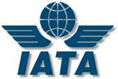 Logo IATA in blau, oben eine stilisierte Weltkugel
