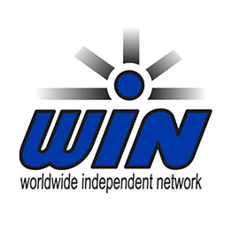 Logo WIN Worldwide Independent Network in Grau und Blau mit stilisierter Sonne